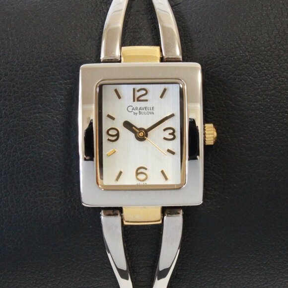 Caravelle Ladies Silver Tone With Gold Accents ½ Bangle Bracelet MOP Dial 16mm - Picture 6 of 15